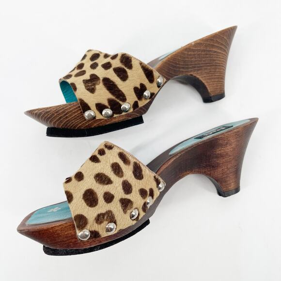 Dolce & Gabbana Vintage Leopard Calf Hair Wooden Mule Clog Sandals size 7 - Picture 4 of 11